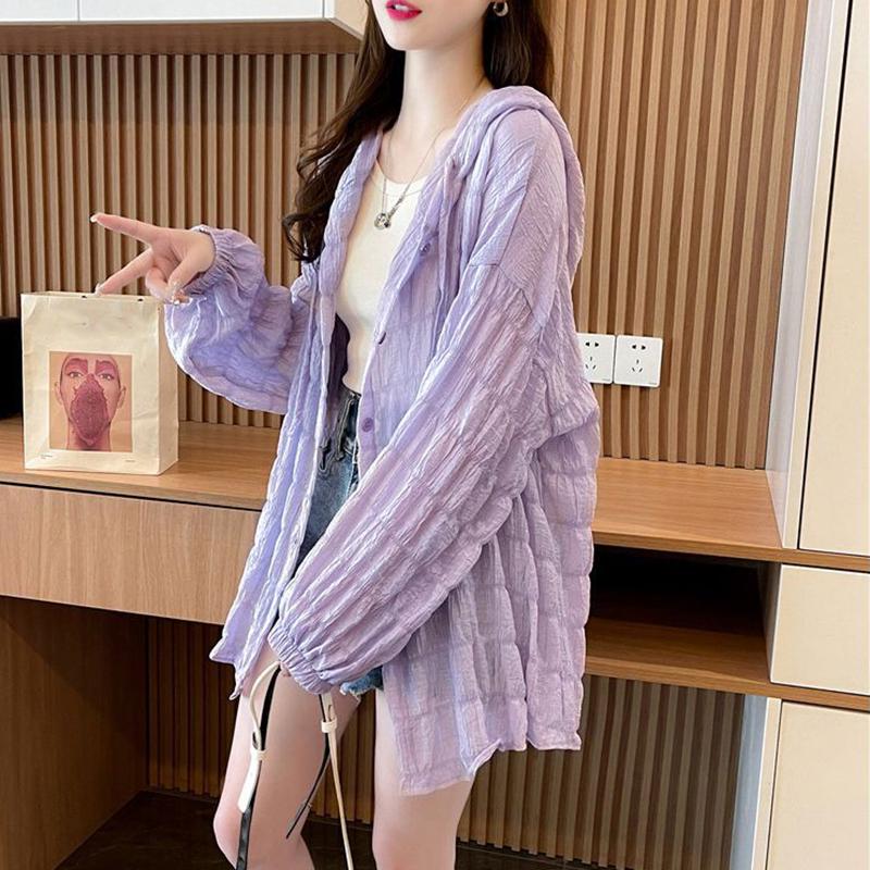 Summer Hooded Jacket Sweatshirt Women Sun Protection Fashion Single Breasted Sunscreen Thin Loose Casual Coat