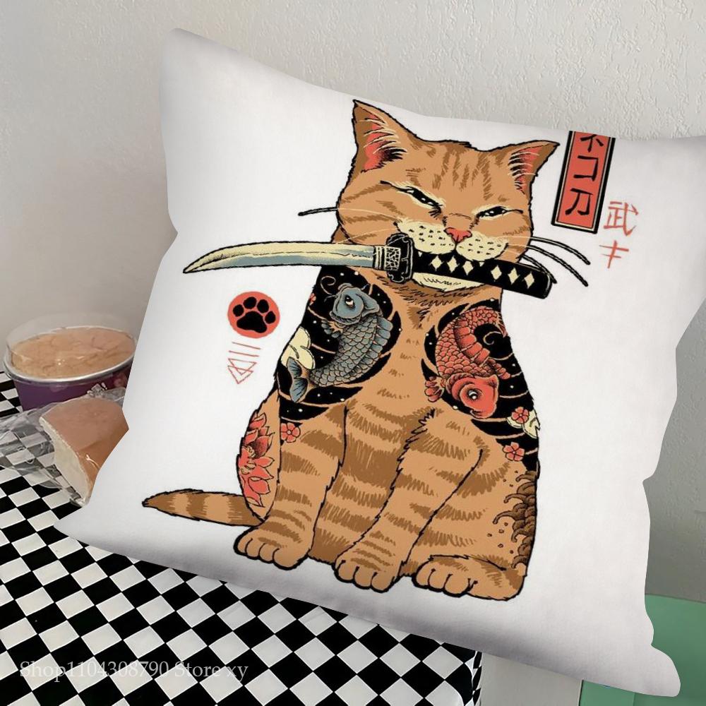 1pc Japanese Tattoo Samurai Cat Pillow Case Square Bedroom Sofa Leisure Comfort Cushion Car Living Room Home Decoration