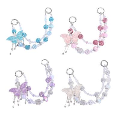 Glitter Rhinestone Phone Chain Pearl Double Layer Butterfly Key Chain Tassel Wrist Strap Beads Bag Pendant Backpack Pendant