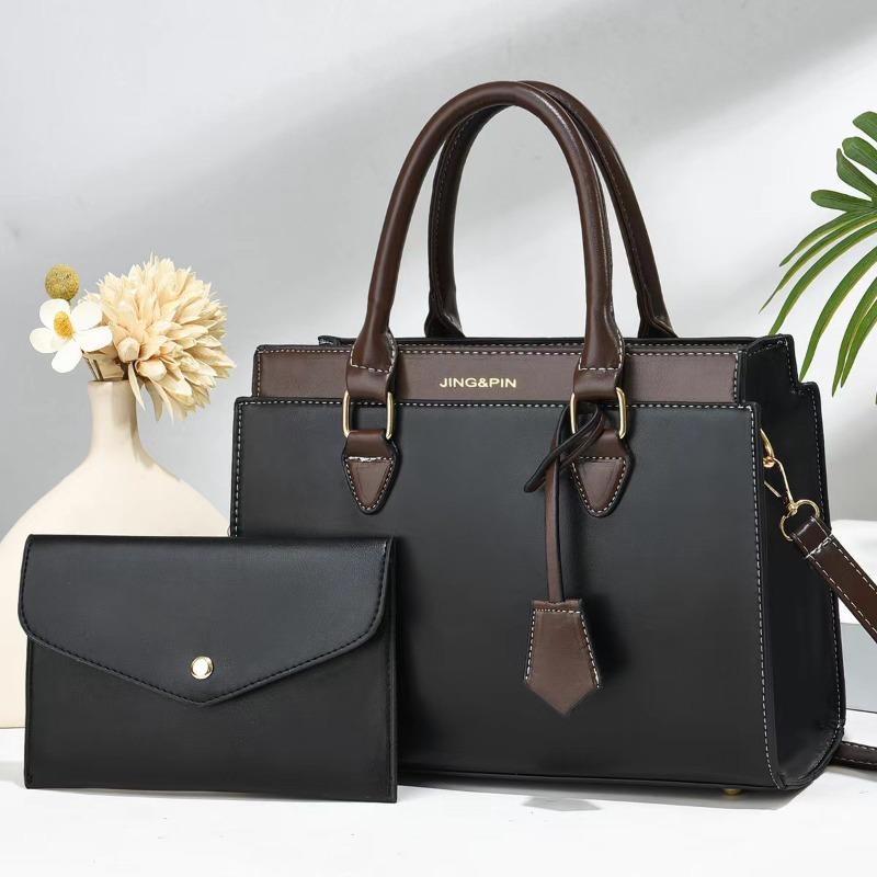 

New contrasting color simple large-capacity textured mother and child bag one shoulder oblique span atmospheric women s bag two-piece set чёрный