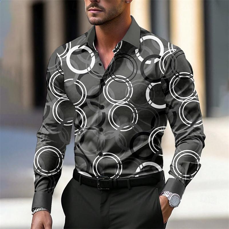 Módní přechodová pánská kulatá formální košile Knoflíková košile Dlouhý rukáv Business Casual Každodenní Podzim Nová Košile s límečkem 3D potisk Top