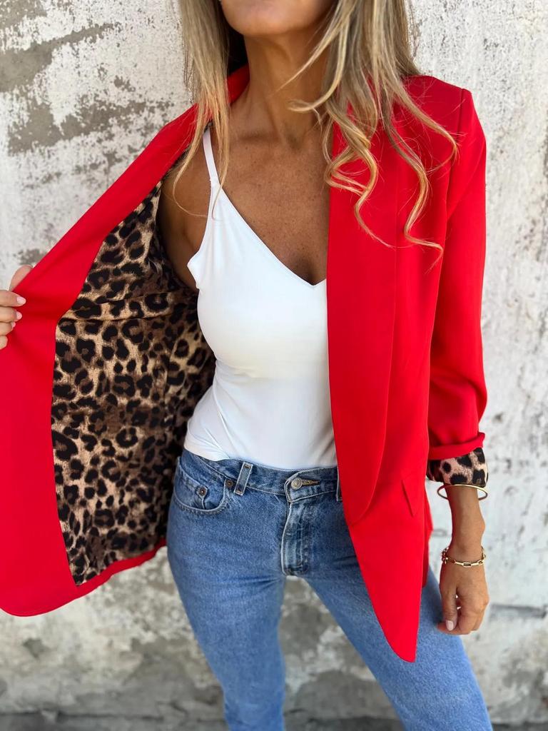 Autumn 2025 Color Block Leopard Lapel Fashion Jacket
