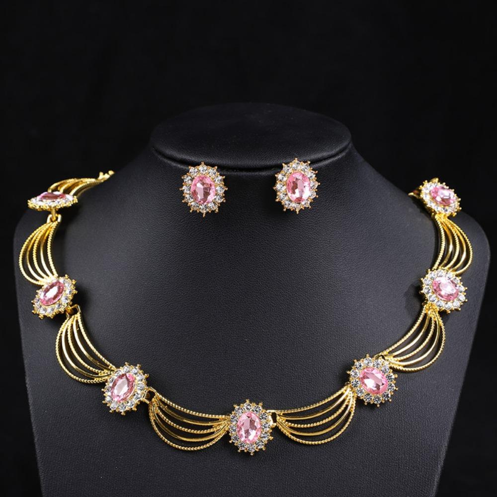 Gold-Tone Gemstone Necklace Set Geometric Statement Jewelry Set Earring Matching Set  Women
