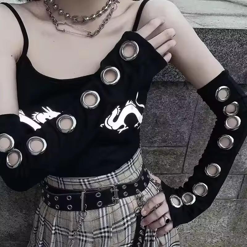 Y2K Personalizovaná přezka Punkový styl Dámské bezprsté rukavice Luo Hip Hop styl Rukávy pro jevištní vystoupení Street Dance