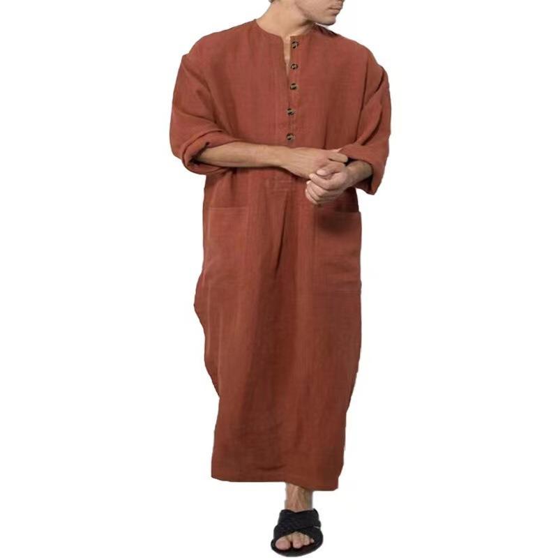 Men S Loose Long Sleeve Solid Color Ethnic Style Robe
