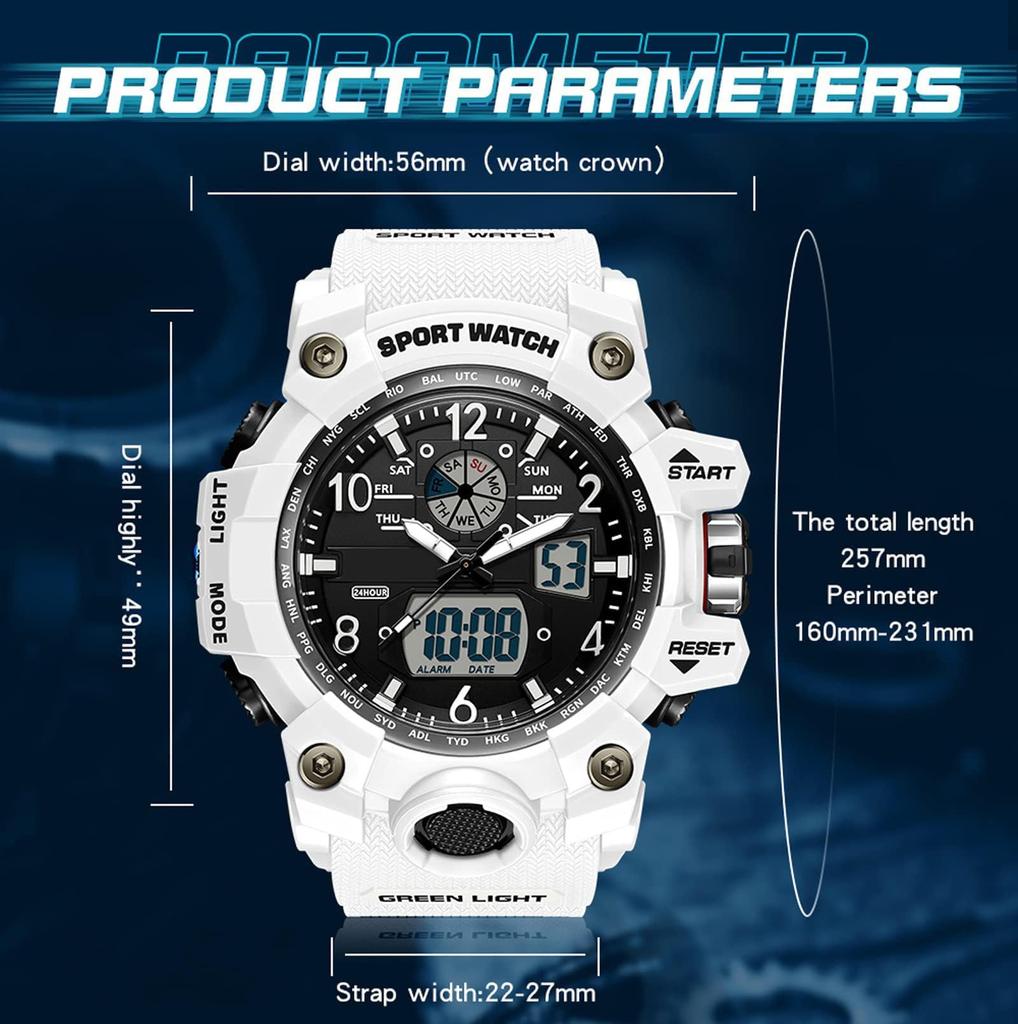 Digital Sports Watch with Water Fashionable Military Running Dual Time Luminous 50 Meter Water Dustproof and Japanese Instruction Manual 2024 Model
