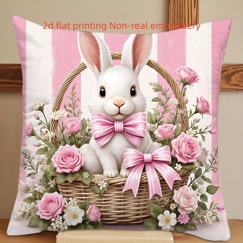 1pc 2D Flat Easter Bunny Pillowcase Pink White Striped Spring Pillow Cover Zipper Closure For Room Decor Pillowcase 8290₽