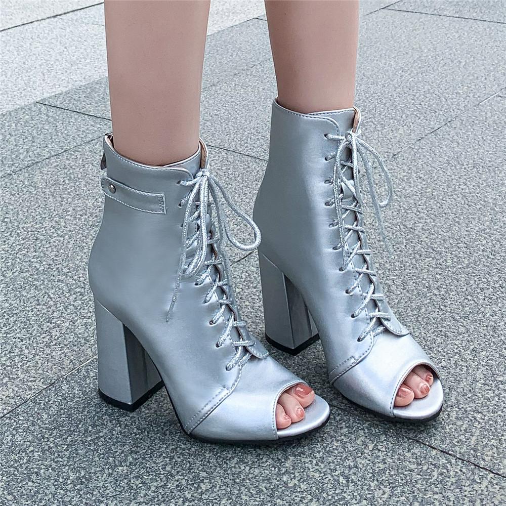 Fashion Womens Fish Mouth Ankle Boots Summer Female Cross-Tied Thick High Heels Shoes Lace-Up Chelsea Booties Mujer Botas Silver Black