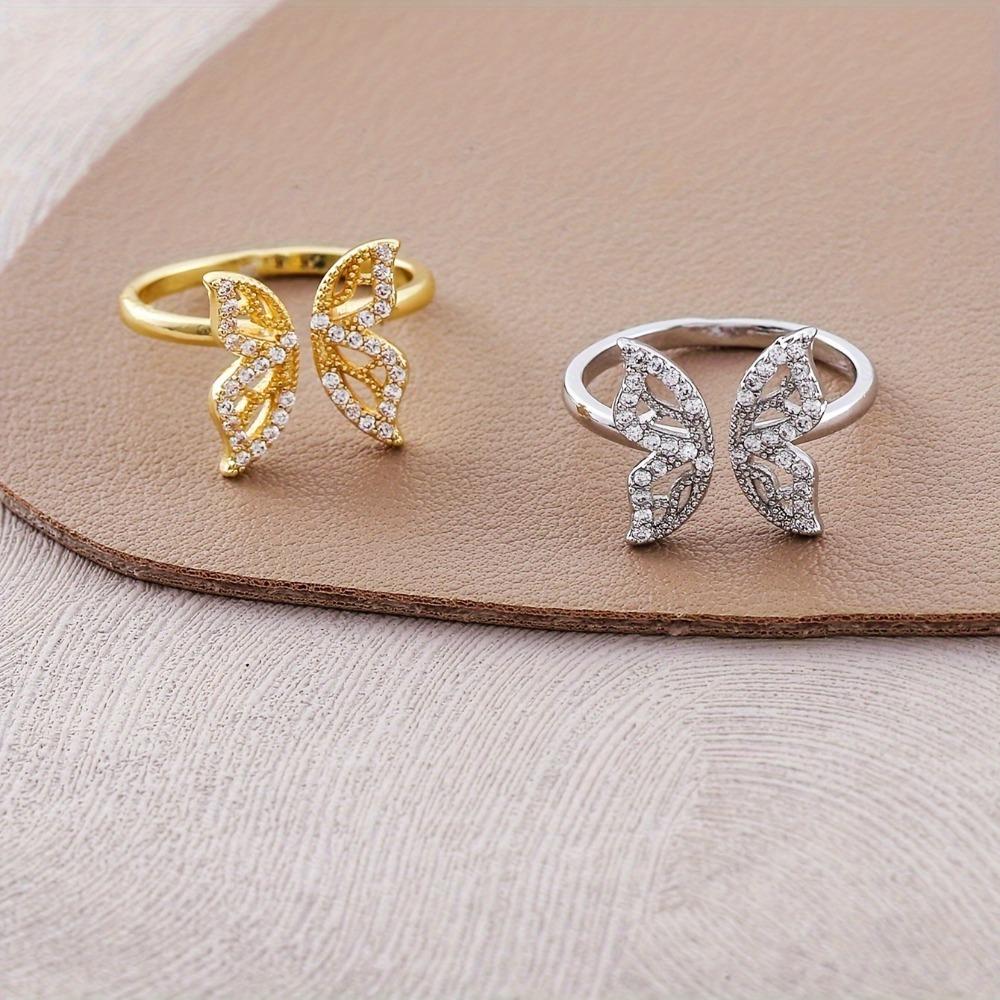 Delicate Hollow Butterfly Open Ring, Zircon Inlaid Copper Jewelry Elegant Leisure Finger Ring for Women Summer Dating Daily Wear