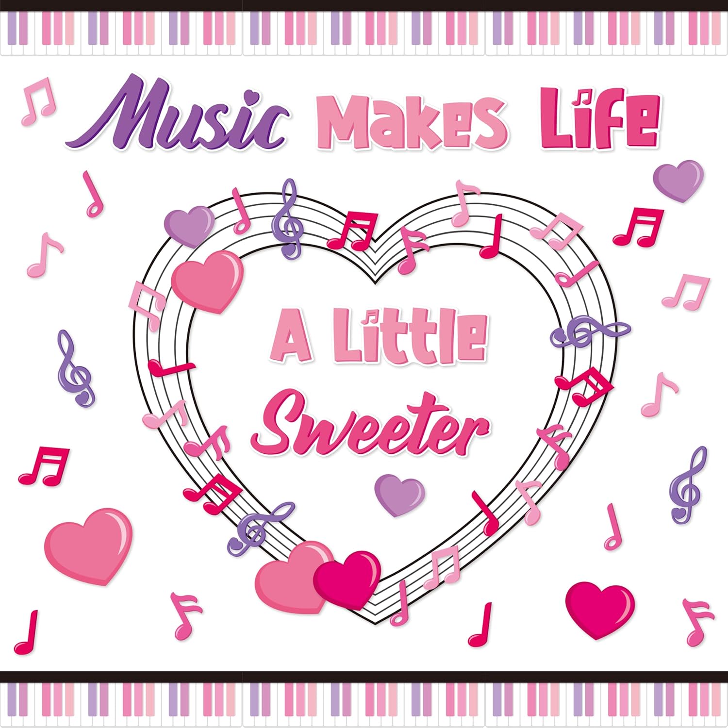 BeYumi Music Notes Border Decor - 108Pcs Back to School Music Notes Bulletin Board Set Music Makes The World Brighter Cutouts Piano Border Trim Music Makes Life A Little