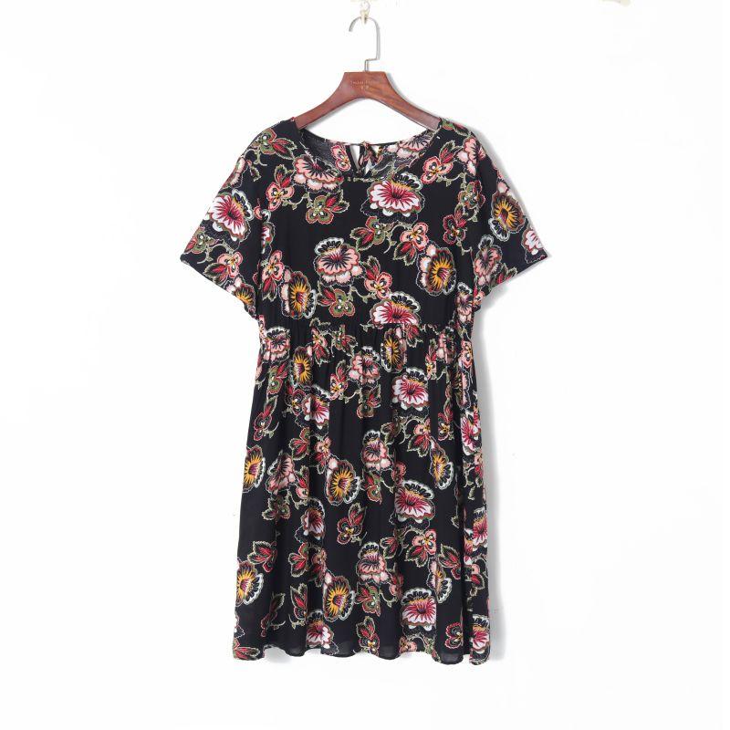 

Fresh Printed round Neck Loose Slim Looking Dress Pullover Black Print L