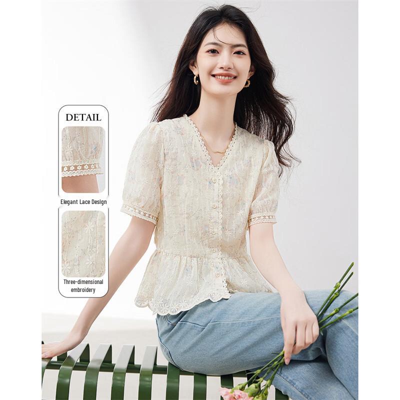 Women s Elegant V-Neck Embroidered Short Sleeve Blouse M