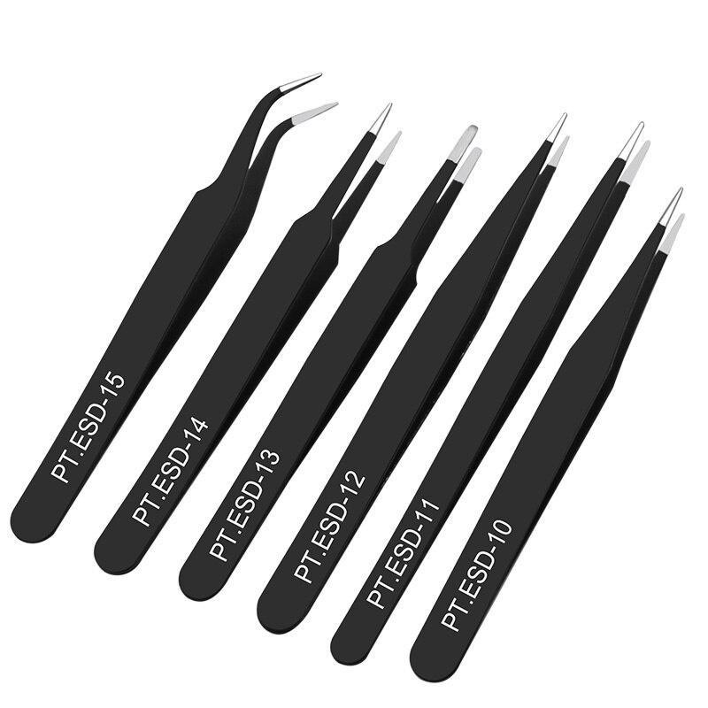 6 Pieces Per Set Anti-static Stainless Steel Tweezers Repair Tool Industrial Precision Curved Straight Tweezers Repair Tool