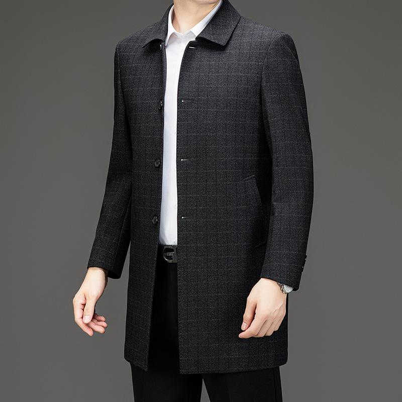 Autumn and winter men's wool windbreaker mid-length business casual lapel coat middle-aged and elderly dad plaid coat