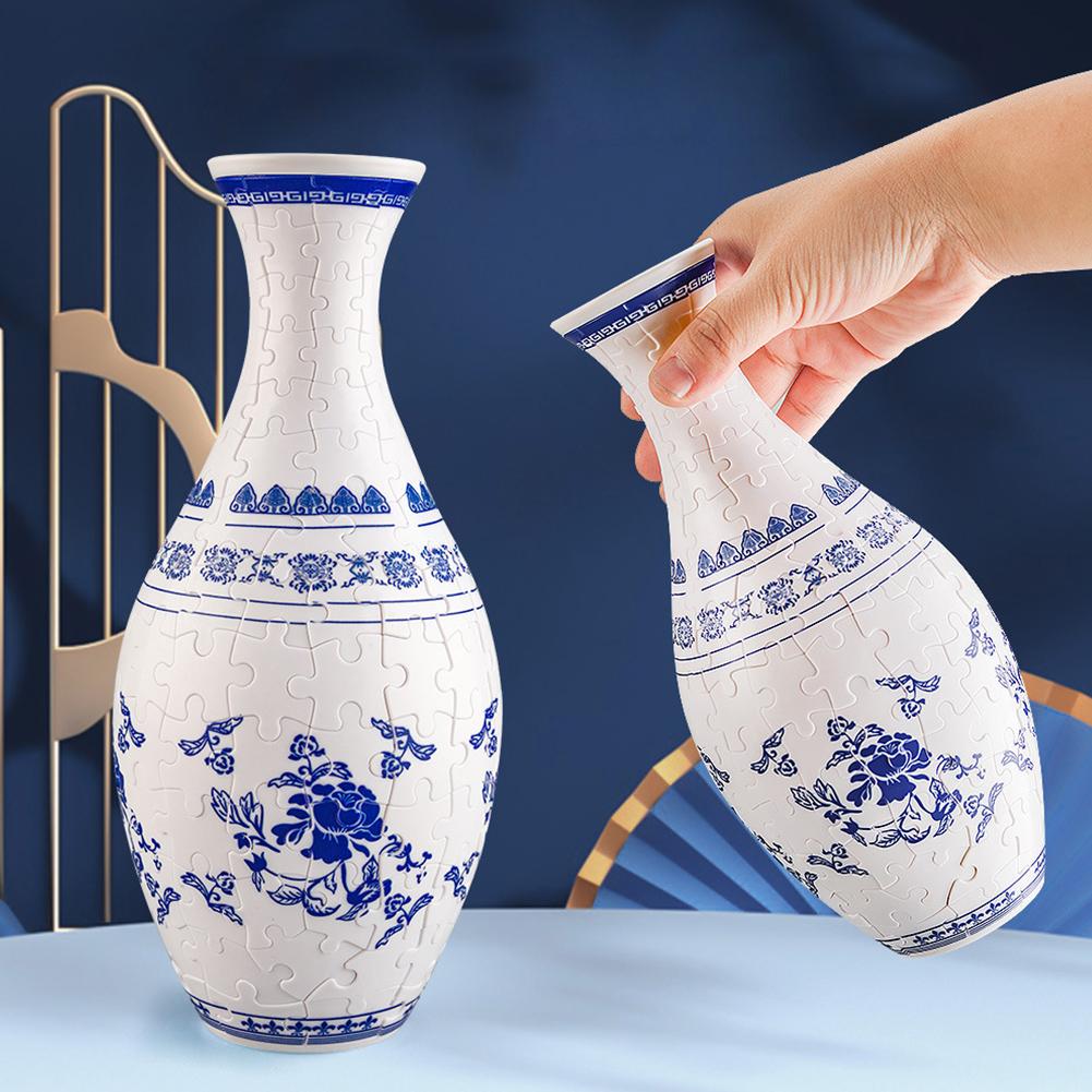 3D Puzzle Vase Blue and White Porcelain Design DIY Flower Vase Home Decoration 160 Pieces Puzzle Vases for Flower Arrangements