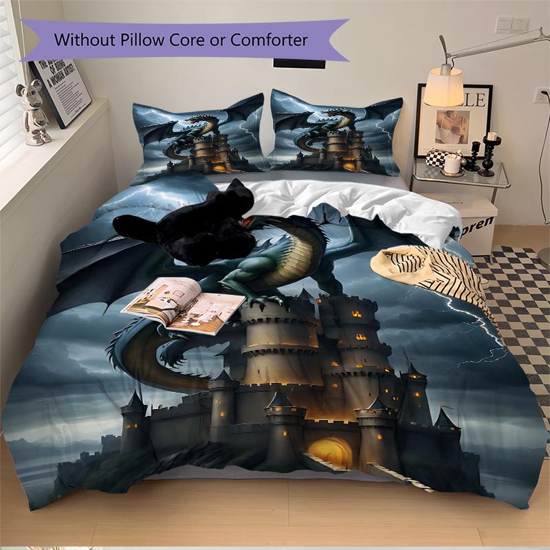 3pcs set Dragon Castle 1 Quilt Cover + 2 Pillowcases, All Seasons Bedroom Setting, Perfect for Home and Dorm Decor a200