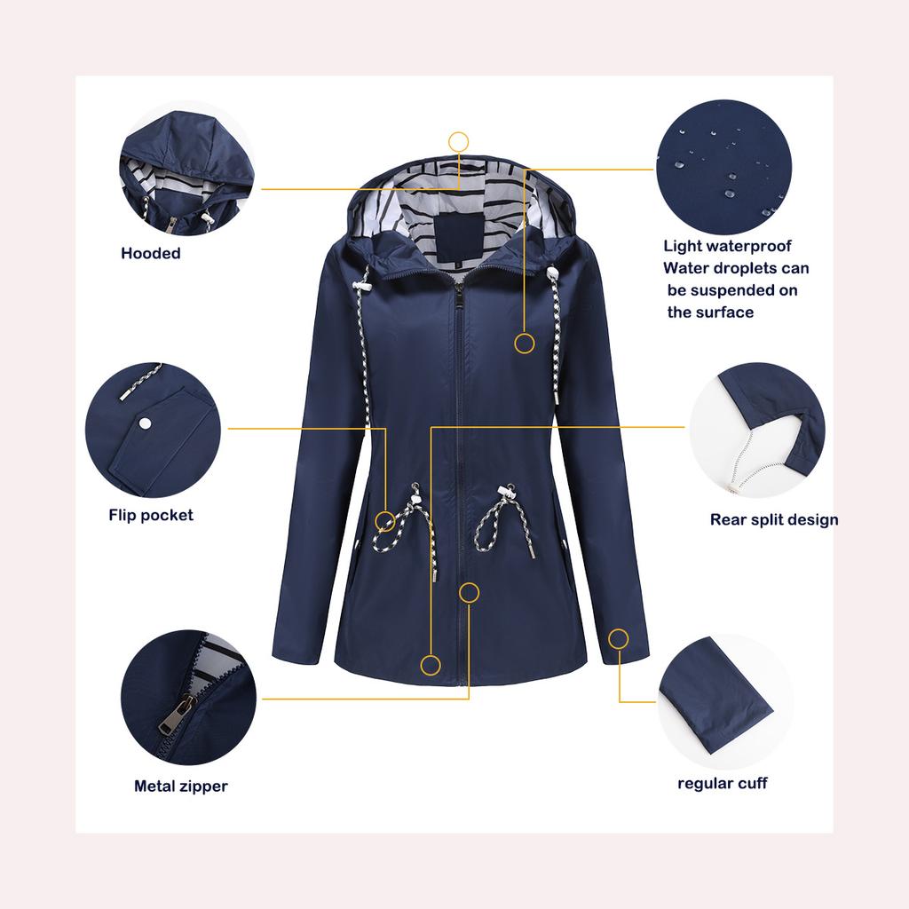 Langärmliger wasserabweisender mittellanger Trenchcoat Damen mit Kapuze gestreift Plus Size Regenmantel Damenbekleidung