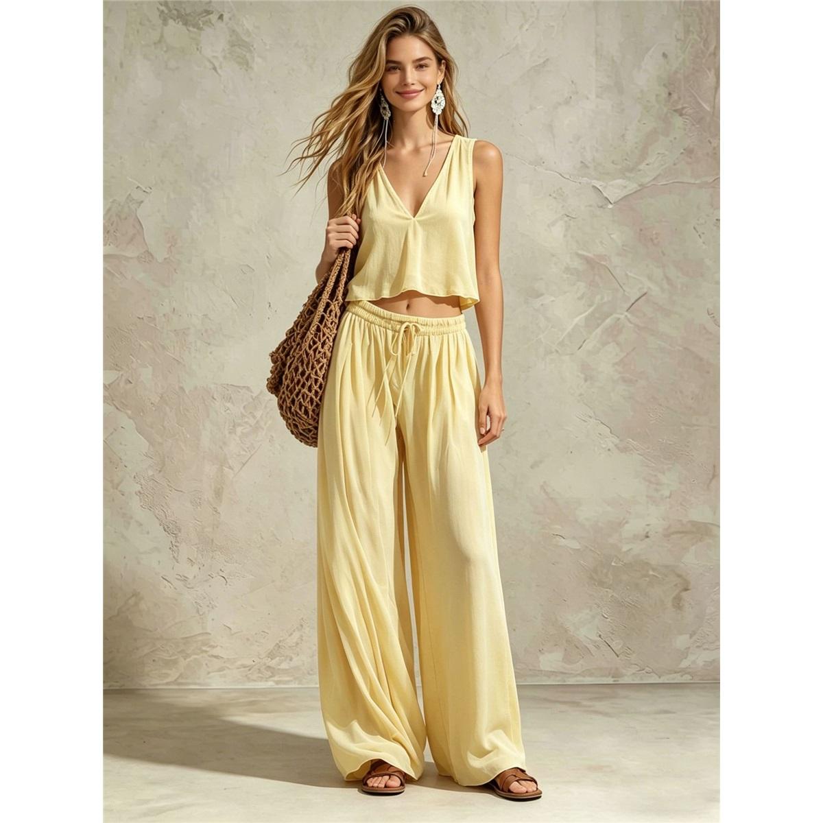 Ensemble deux pièces pour femme Haut court débardeur à col en V sans manches Pantalon large à cordon élastique Ensemble décontracté pour les vacances S cuir de buffle