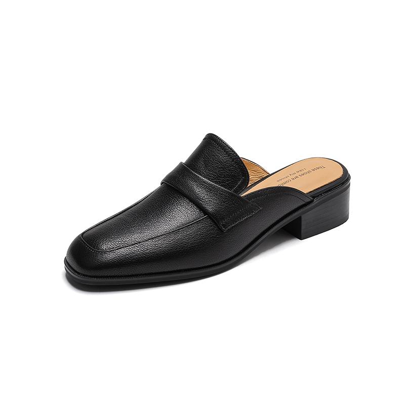 Fashion 2025 Summer Covered Toe Genuine Leather Slippers Women Thick Heels Casual Mules Summer Daily Walk Sheepskin Leather Slippers