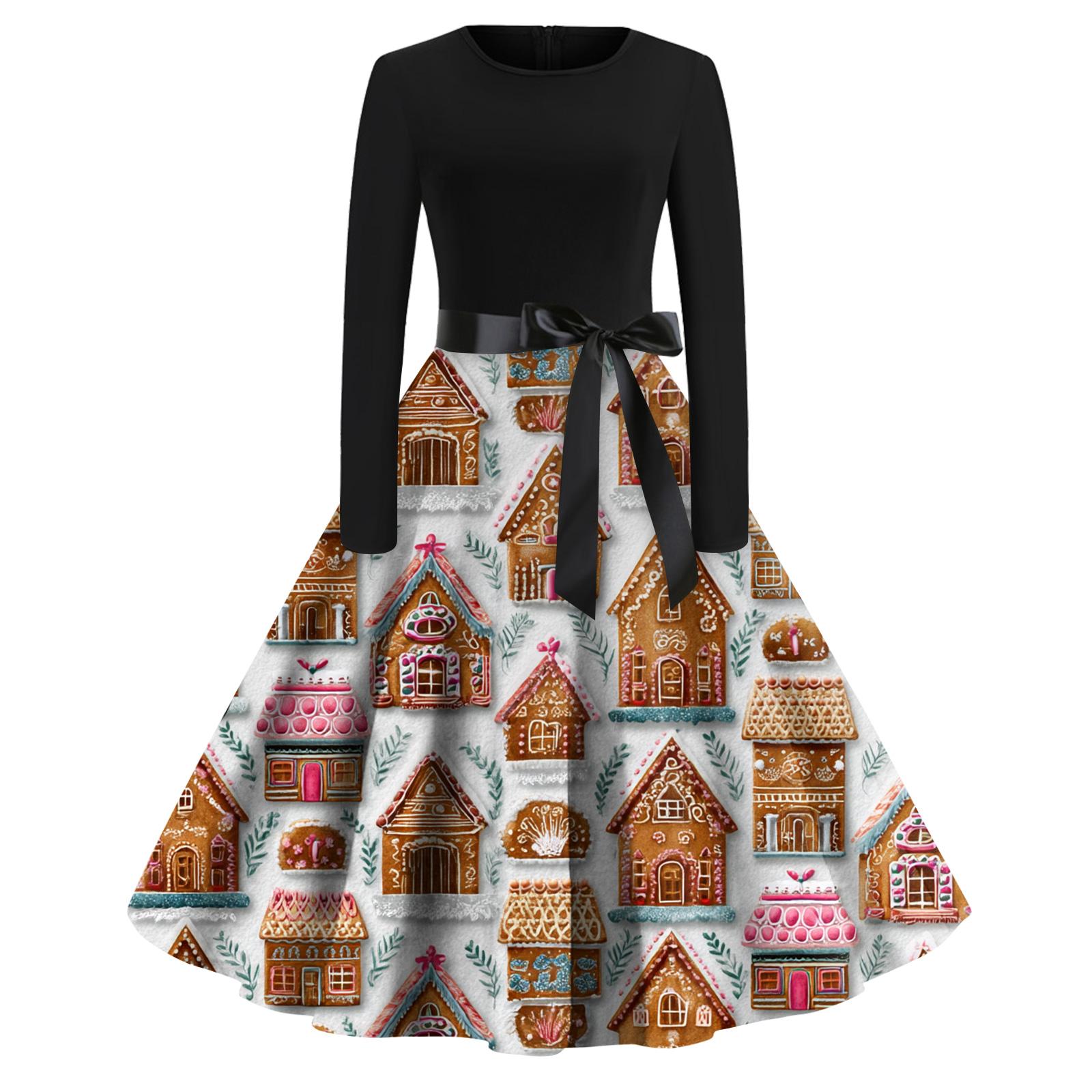 

Женское модное повседневное платье с круглым вырезом, рождественским принтом и длинными рукавами S