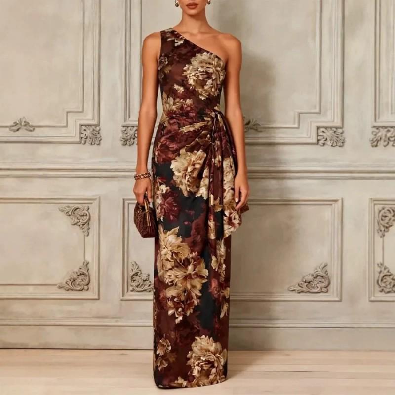 Elegant Floral Print Wrap-Style Off-Shoulder Maxi Dress With Waist Tie Slim Fit Flowy Long Gown Office Evening