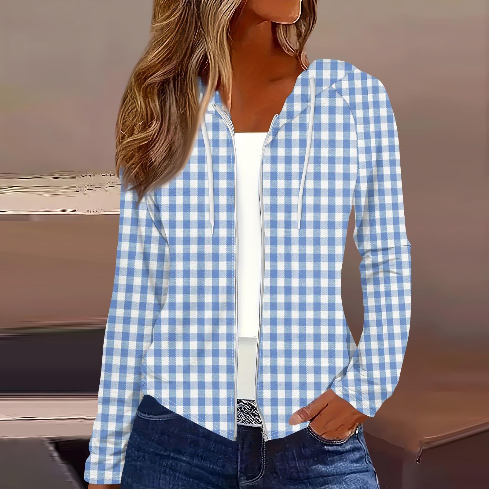 

Женская мода повседневная застежка-молния с капюшоном и принтом с длинным рукавом толстовки пальто L синий