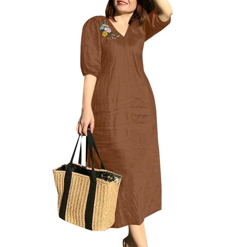 ZANZEA Vestido casual con bordado floral y manga corta con cuello en V para mujer