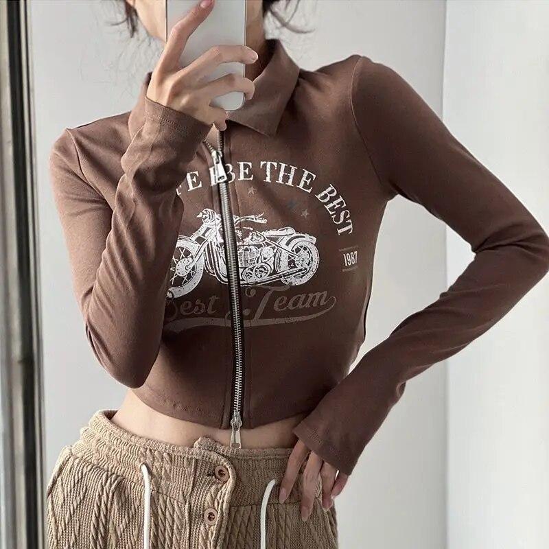 2KWEIRD Letter Women T Shirt Korean Zipper Crop Top Autumn Long Sleeve Tees Polo American Retro Tshirts Femme Y2k Vintage Clothes