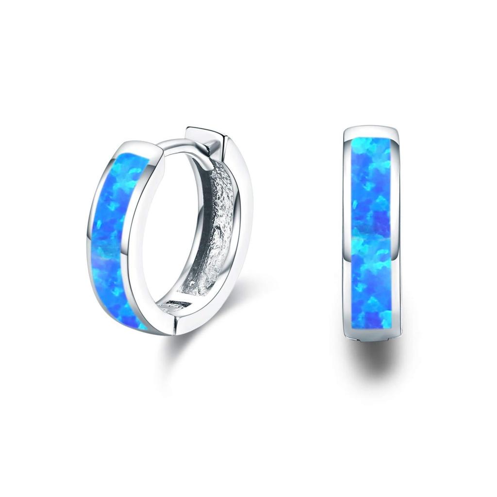White Blue Opal Classic Small Round Circle Hoop Earrings For Women Vintage Wedding Engagement Jewelry Gifts Box