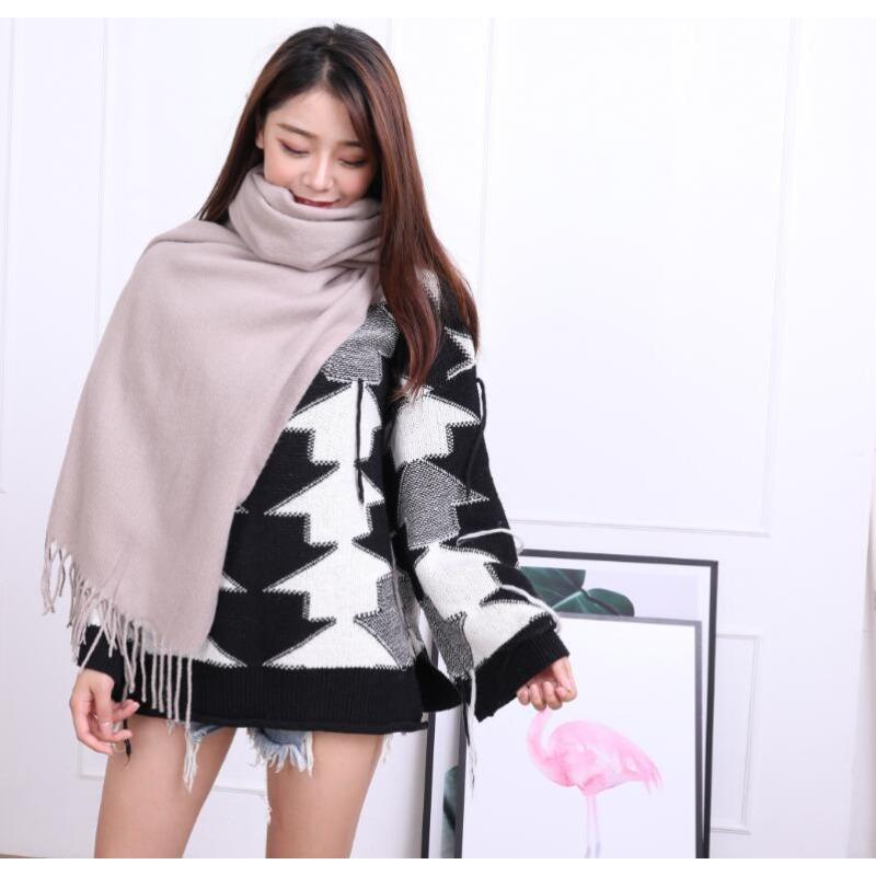 Imitation Cashmere Scarf for Women Winter Warm Thickened Solid Color Unisex Burgundy Dark Red Solid Color Tassel Scarf