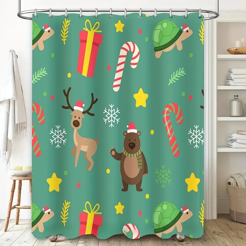 Christmas-themed shower curtain with reindeer, candy canes, and festive animals perfect for bathroom decor 120X180cm