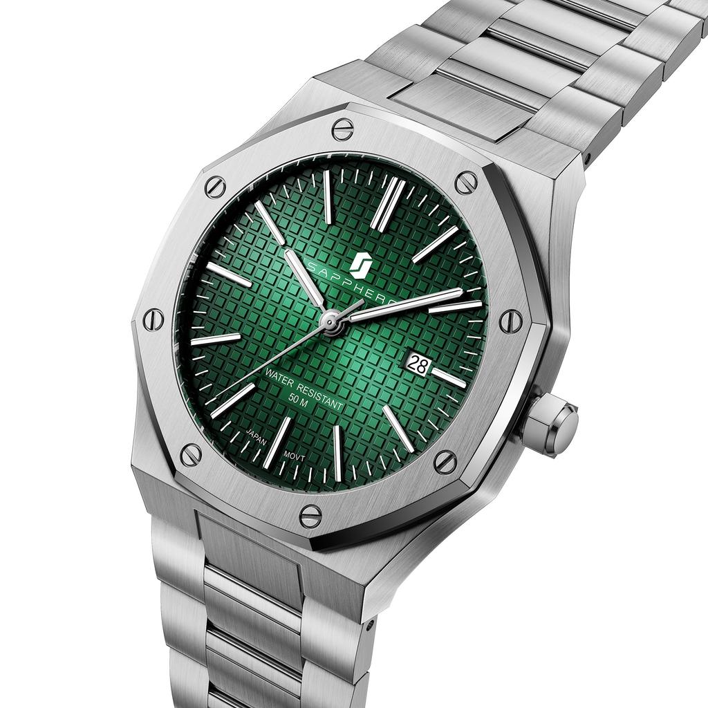 SAPPHERO Chronograph Stainless 50M Water Quartz Date Men's Watch, Steel, Resistant, Stylish, Analog, Display, Gift, Silver/Green