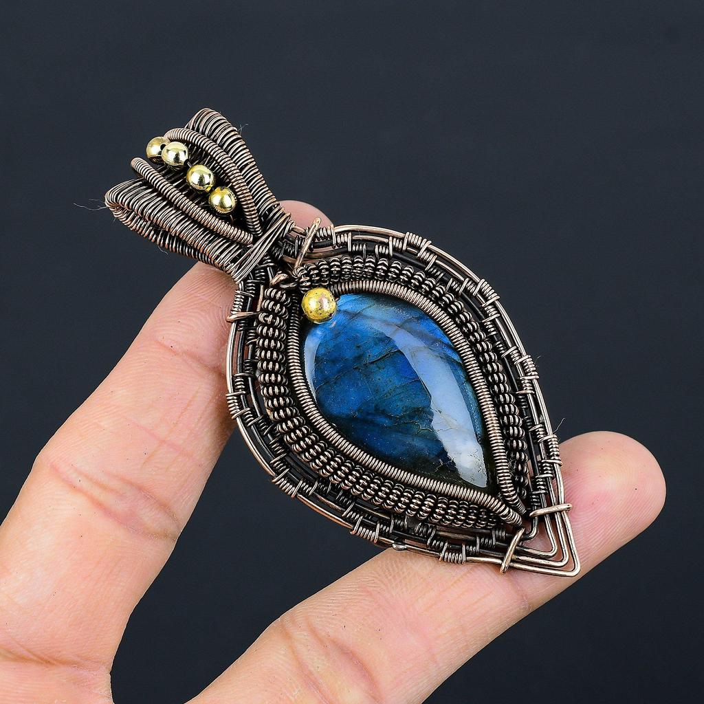 Blue Flash Labradorite Handmade Pendant, Natural Gemstone Jewelry, 999 Copper Wire Wrapped Pendant Jewelry, For Gift