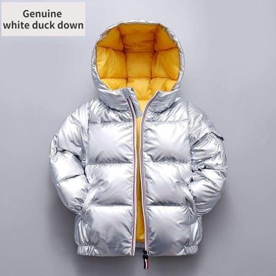Chaqueta de plumón de superficie brillante para niños, ropa acolchada de algodón con plumón de pato blanco a la moda