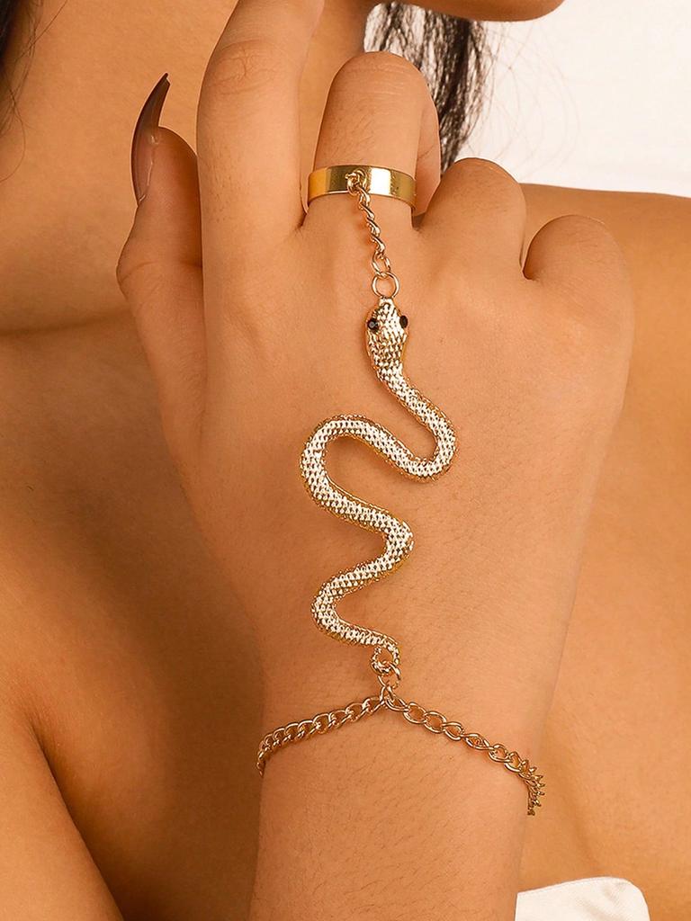Expressive White K-Plated Snake Bracelet & Ring: 2-in-1 Punk Accessory, Ideal for Parties and Gifts