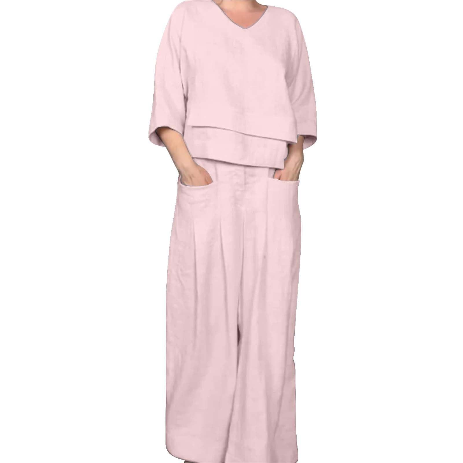 

Women s Casual Seven-Point Sleeve V-Neck Loose Irregular Double Layer Top with Pocket Wide Leg Pants Set XXL рожевий
