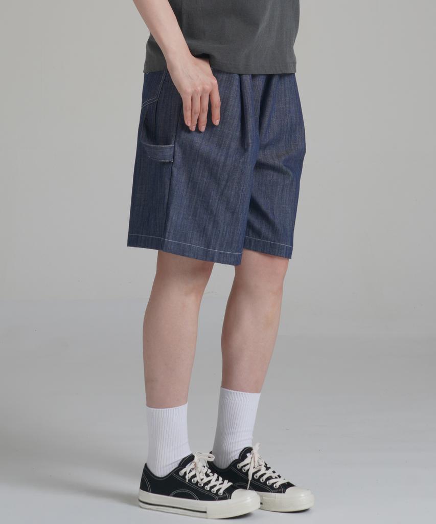 Noming Denim One-Pleat Strap Wide Bermuda Shorts - Blue