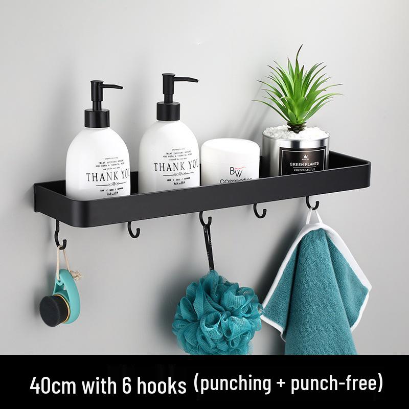 Black Space-Saving Aluminum Wall Shelf & Towel Rack - No Drilling Needed