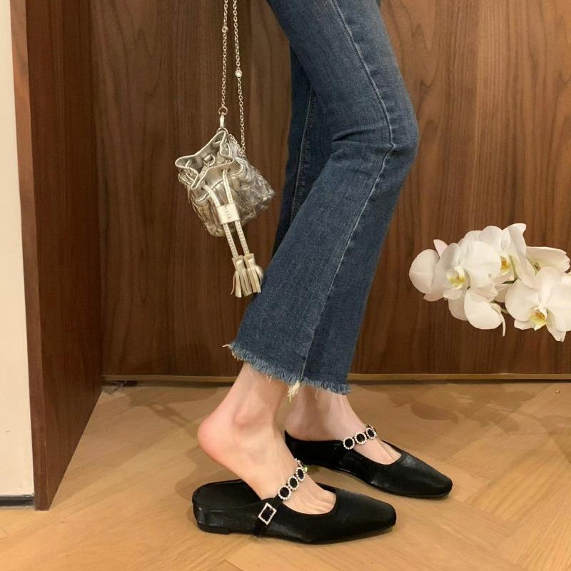 Sheepskin version~ Small square head one-word diamond strap leather shoes inner height increase thick-soled half slippers women's cool slippers