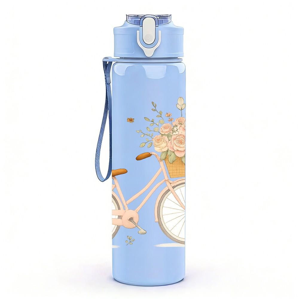 1PC Bicycle Wild Flower Art 750ml Color Plastic Sports Water Bottle Leakproof Flip Straw Lid Suitable for Sports Office Home Use