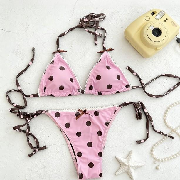 Lace-up split swimsuit female sexy bikini hot spring beach swimsuit bikini Internet celebrity S розовый