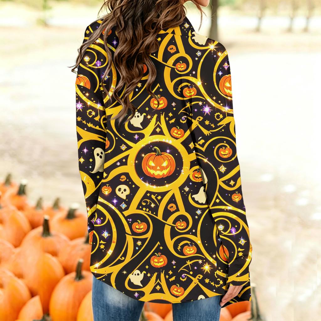 Damen Trendy Halloween-Print Langarm-Strickjacke Pullover für Lässige Herbstmode