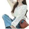 Korean Style V-Neck Knit Sweater - Loose, Long Sleeve, Hollow Design for Spring & Autumn 2025