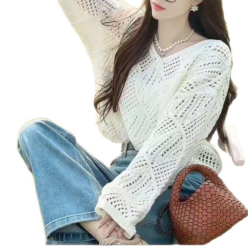 Korean Style V-Neck Knit Sweater - Loose, Long Sleeve, Hollow Design for Spring & Autumn 2025