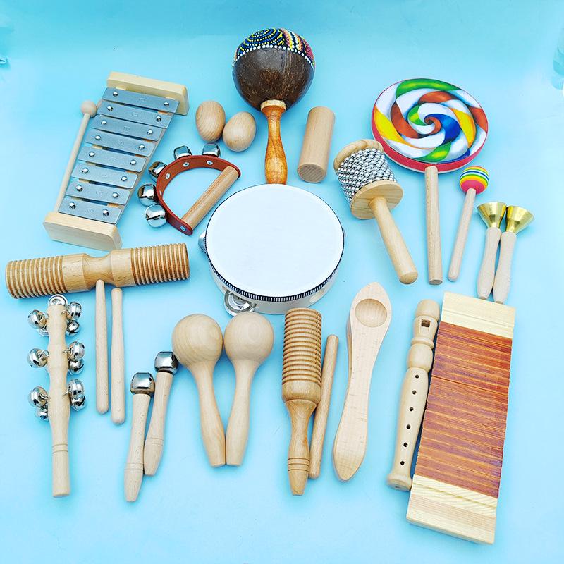 Orff Instrument Set: Beech Wood Castanets, Shakers, Tambourine for Kindergarten Music. -