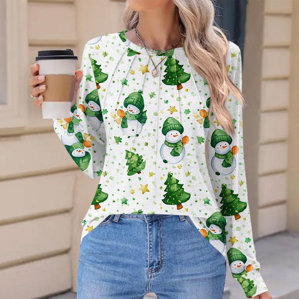 Women's Fashionable Casual Christmas Printed Pleated Comfortable Round Neck Loose Long Sleeve T-Shirt Top