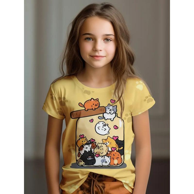 Buntes Katzenmädchen T-Shirt Niedliche Muster Sommer Kurzarm 3D Druck Mädchen Oberteil Mode Lässig Streetwear Kinderkleidung
