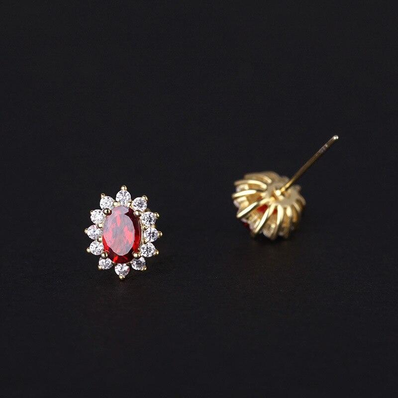 Delicados pendientes de piedra ovalada roja, pendientes de rubí de cristal de lujo para mujer, pendientes de tuerca de boda de oro Plata de Ley 925 auténtica para mujer