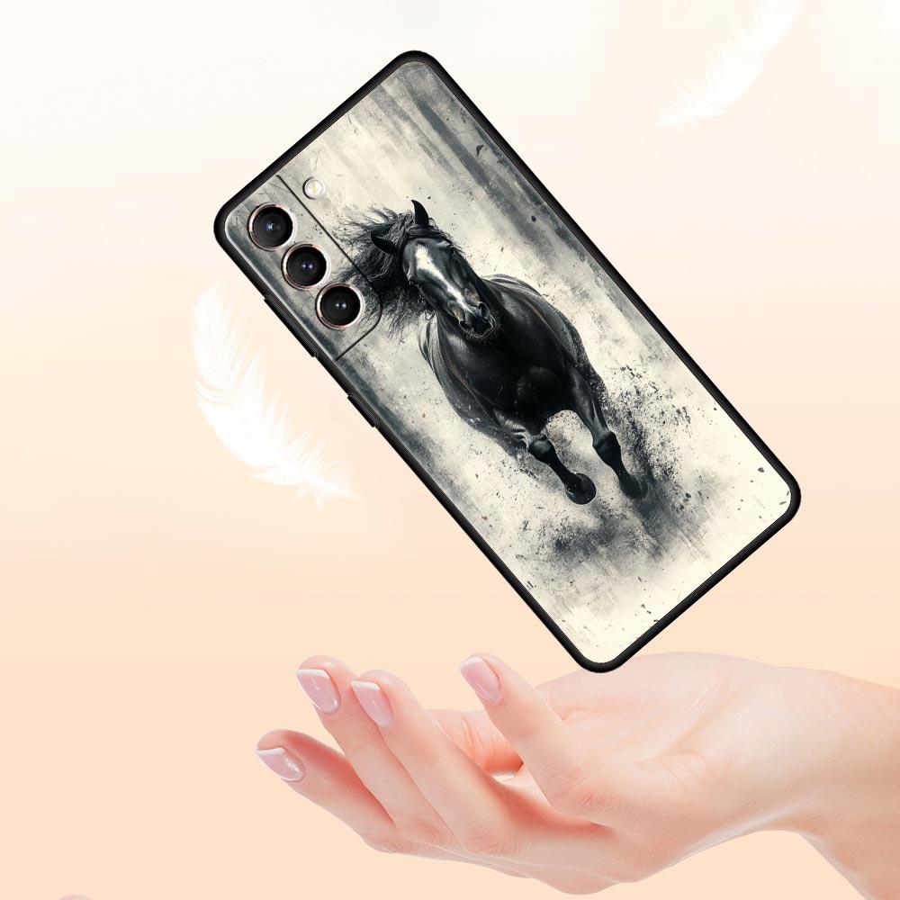 Black White Horses Galloping Phone Case For Samsung Galaxy S26 Ultra S25 Plus S24 FE S23 S22 5G S21 S20 Cover Black Soft