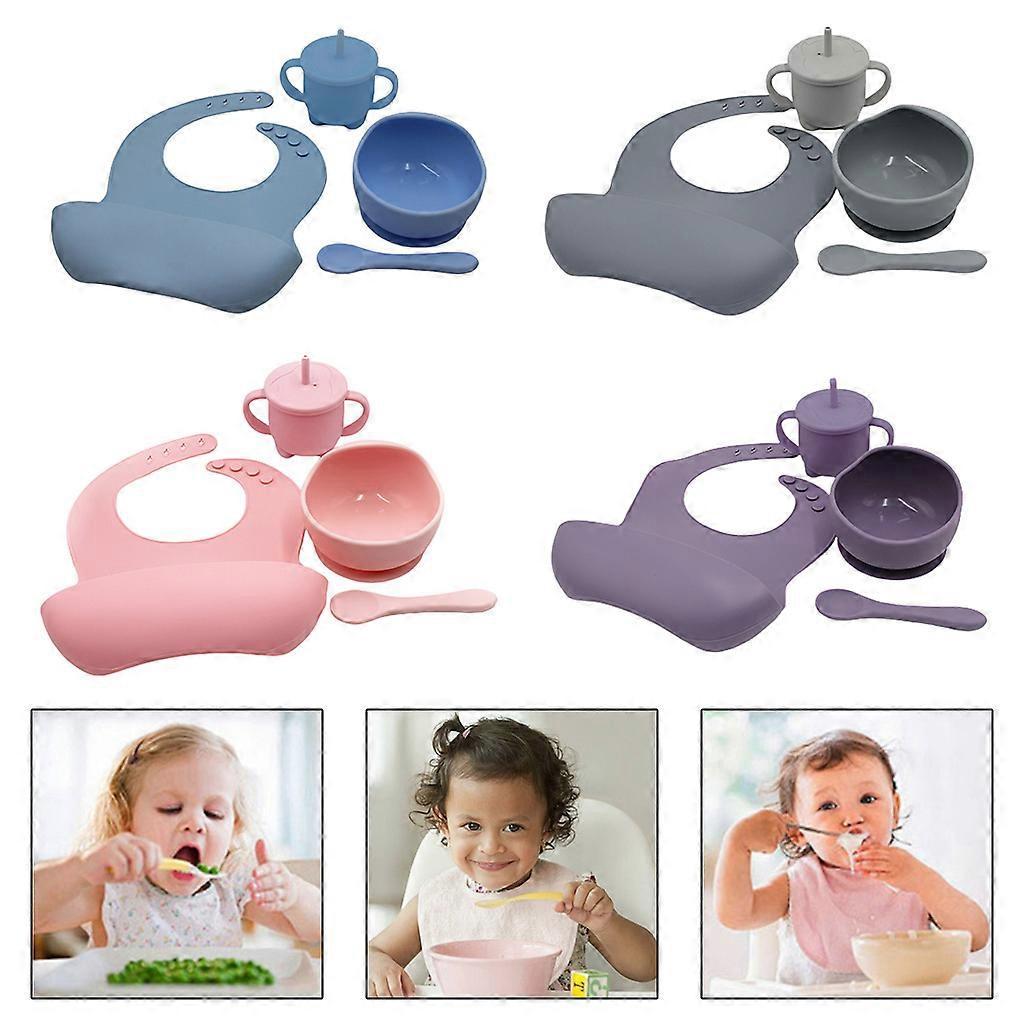 4 Pcs Baby Silicone Bibs Sucker Bowl Spoon Straw Cup Set Training Feeding Food Utensil Dishes Tableware Kit for Newborn Purple